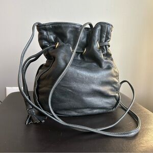 Holt Renfrew Vintage Black Leather Drawstring Sack Tote Bag